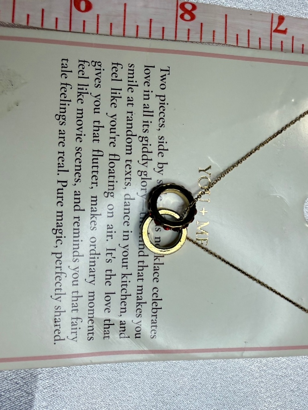 Tiny Tags You + Me Necklace 14K Gold Ion Plated LOVE Red Stones 16-18"
